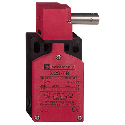 Schneider Electric XCSTR sikkerhedsendestop til 30 mm hængsel, med 1NO 2NC kontakter og 2xM16 kabelindgange i rød og sort kunststof.