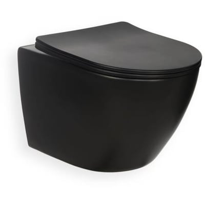 Mat sort hængeskål i Rimfree design med et tilhørende toiletsæde med Soft Close funktion.
