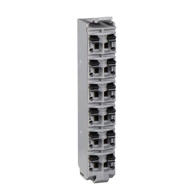 Schneider Electric TM5 anslutningsplint, 12 pin, 24V vist fra en let skrå vinkel, fremhæver de grå moduler og sorte klemmer.