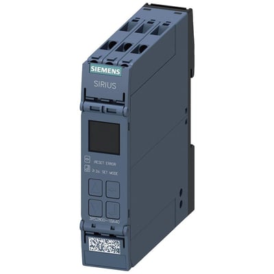 Siemens SIRIUS 3RS2 temperaturrelæ med display og IO-Link, 2CO, 24V DC, viste med skrueklemmer og knapper på en grå enhed.