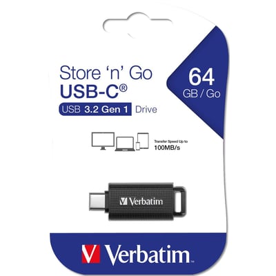 Verbatim Store 'n' Go USB-C 64GB flashdrev med USB 3.2 Gen 1, vist i sin blå og hvide emballage med klar front.