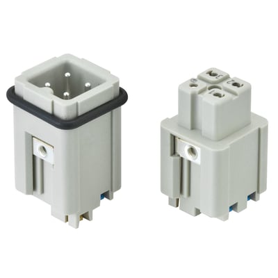 Set fra en anden vinkel, Harting Han 3A female insert med QUICK-LOCK terminering, tydeligvis med 3 kontakter og PE, grå polykarbonat.