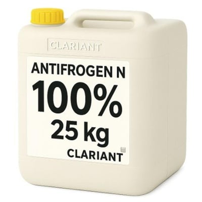 Clariant Antifrogen N, 100 % koncentreret glykol i en 25 kg dunk med gult låg, set skråt forfra.