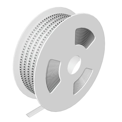 Weidmüller klemmemærker i hvid med neutrale tegn ses på en rulle; mærkerne måler 8/5 mm.