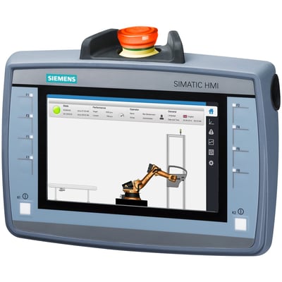 Siemens SIMATIC HMI KTP700 MOBIL med 7.0'' touchskærm og orange nødstopsknap på toppen. Displayet viser en robotarm og produktionsdata.