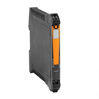 Weidmüller signalomformer og isolator til 4-20 mA, set skråt forfra med sort kabinet og orange front.