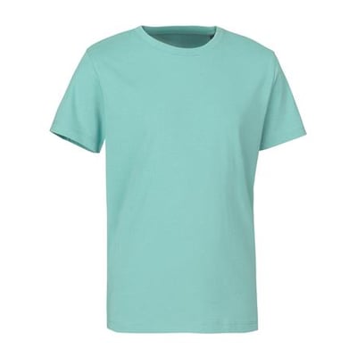 ID Identity økologisk T-shirt i støvet aqua, størrelse M, med klassisk rund hals og korte ærmer.