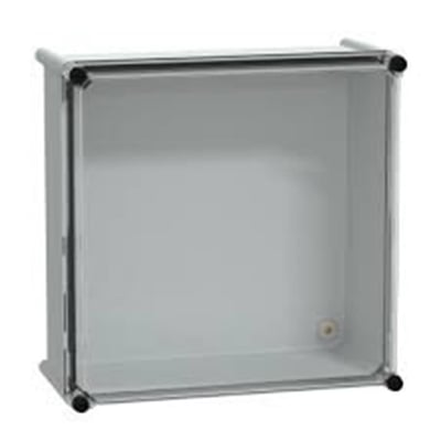 Schneider Electric modulboks 7035 MOD. set indefra, viser det grå PE-materiale og det transparente låg.