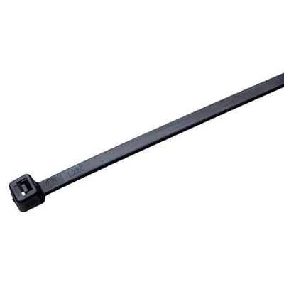 Sort UV-bestandig kabelbinder på 4,8x250 mm lavet af polyamid, vist med hovedet til venstre.