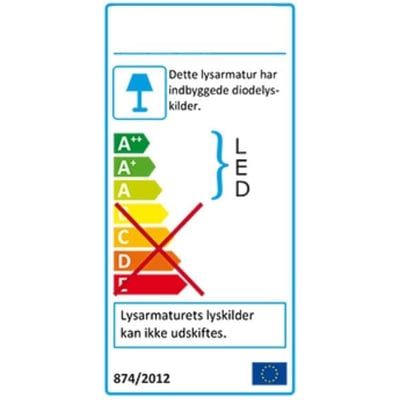 Energimærke for Loevschall Godhavn spejl med lys, viser LED lyskilder med energiklasse A++ til D, og EU-blomsten.