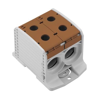 Weidmüller WPD 233 fordelerklemme i hvid med brunt cover, der viser fire skrueterminaler på toppen og to gennemgående forbindelser.