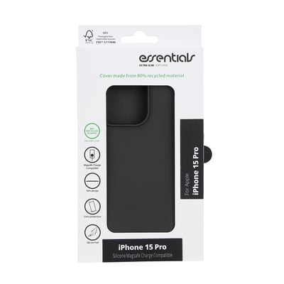 Essentials iPhone 15 Pro cover i sort genbrugssilikone i original emballage med FSC-certificering.
