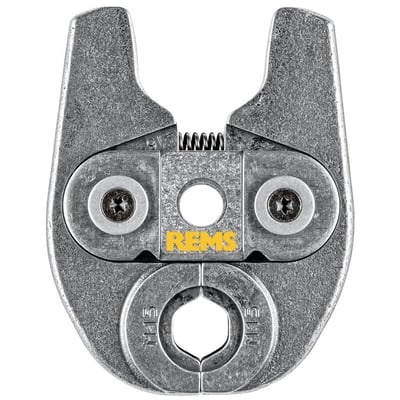 Nærbillede af REMS pressbakke mini M 15, viser 15 mm dimension indgraveret og den robuste konstruktion af hærdet stål.