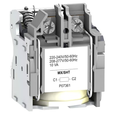 Detaljeret sidebillede af Schneider Electric MX spændingsudløser med mærkat angivende 220-240V/50-60Hz og 10 VA.
