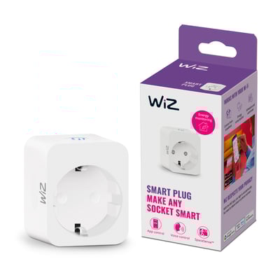 WiZ Smart Plug emballage med produktet placeret ved siden af, begge i hvid plast med produktinformation på dansk.