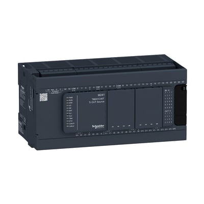 Schneider Electric Modicon M241 PLC med 24 digitale indgange og 16 PNP udgange, 24V forsyning.