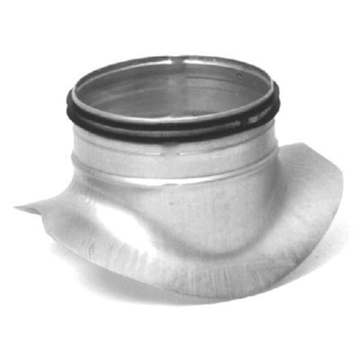 Detalje af Lindab Safe PSU påstik, viser den aerodynamiske strømningsradius og gummitætning i galvaniseret stål.