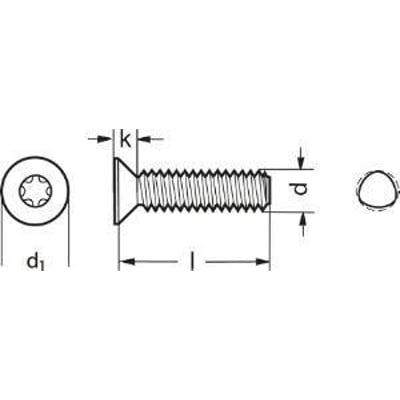Diagram over M3x6 DIN 7500 MA2 undersænket hoved, gevindformende skrue med torx-drev og målindikatorer.