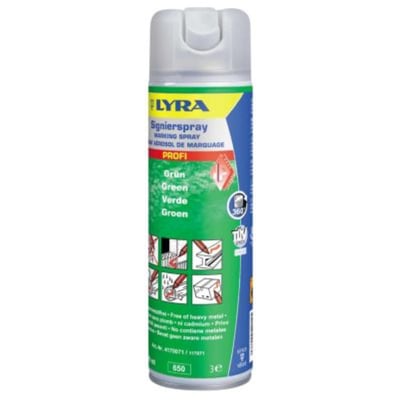 Nærbillede af Lyra Signierspray flasken med grøn markering, viser detaljer på etiketten, herunder PROFI logo og anvendelsessymboler.