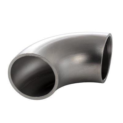 Svejsebøjning i rustfrit stål 316L, 90 graders vinkel og 3D-bukkeradius, med 168,3 mm udvendig diameter og 2,0 mm tykkelse.