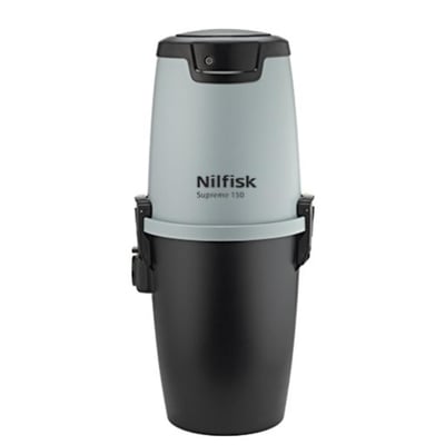 Nilfisk Supreme 150 centralstøvsuger med fokus på designet i grå og sort, ideel til boliger på op til 150 m².