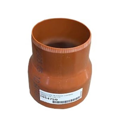 Uponor dræntilslutning i orange PVC med dimension 110-128/113 mm, viser den glatte indvendige overgang og udvendige spids.
