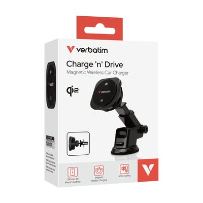 Verbatim Charge 'n' Drive Qi2 magnetisk trådløs biloplader i emballage, viser funktioner som 15W opladning og aktiv køling.