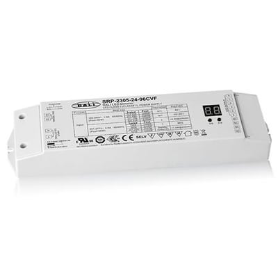 Hvid DALI LED driver strømforsyning, model SRP-2305-24-96CVF, med digitalt display og mærkninger.