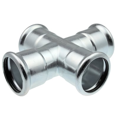 VSH XPress presmuffekryds C1447 på 90° med fire presseender, 35 × 28 mm, i forzinket stål.