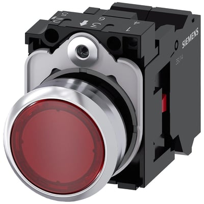 Siemens 22mm trykknap med rød, rund, højglans metalfront og 1 NC kontakt.