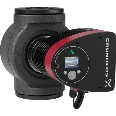 Grundfos Magna3 65-150 F cirkulationspumpe med sort pumpehus og sort/rød kontrolboks med skærm. Pumpen har en 2 1/2" tilslutning og en indbygningslængde på 340 mm.