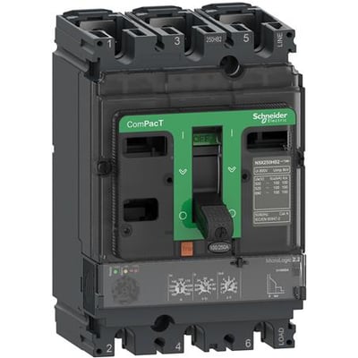 Schneider Electric ComPacT NSX250N 3P maksimalafbryder med grønt håndtag og MicroLogic 2.2 enhed, 160A mærkestrøm.