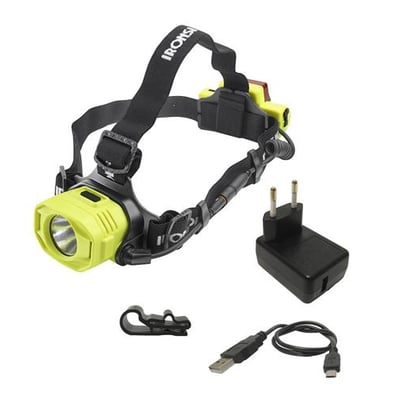 Ironside genopladelig LED-pandelampe i gul og sort med batteri, oplader, USB-kabel og hjelmclips.