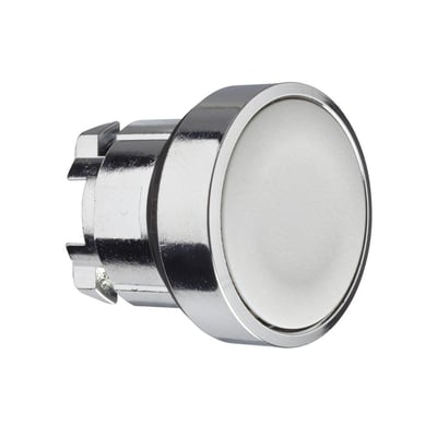 Detaljeret nærbillede af Schneider Electric Harmony Style 4 plan trykknap i grå, med skinnende metalramme og hvid betjeningsflade.