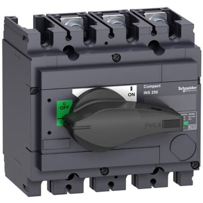 Schneider Electric Interpact INS250 lastafbryder, 160A, 3-polet, i grå plast med sort håndtag i OFF position.
