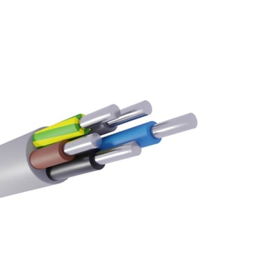 Aluminiumskabel HF-AL-M 5G16 mm² med grå yderkappe og fem farvede ledere synlige i den afisolerede ende.