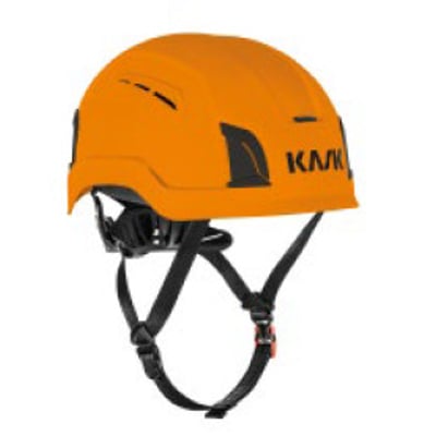 Orange Kask Zenith X Max Air-hjelm med sort justerbar hagerem, vist fra siden.