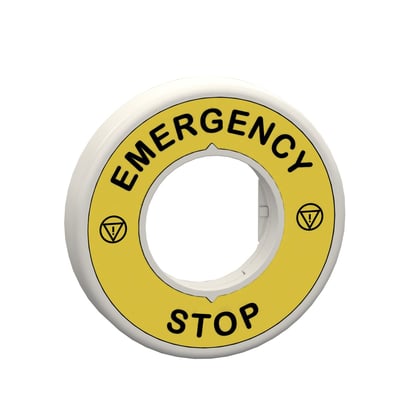 Schneider Electric nødstopskilt med gul baggrund og fransk tekst "ARRET D'URGENCE" samt symboler. Viser produktets front med LED-funktion.