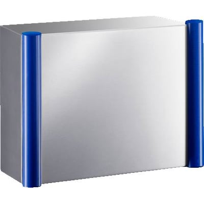Rittal betjeningskabinet CP i rustfrit stål, 150x300x400 mm, med blå fronthjørner og låge i fronten.