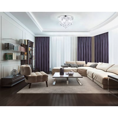 EGLO Almonte loftlampe i krom med 350 mm diameter, monteret i et moderne luksuriøst opholdsrum med sofa og bogreol.