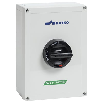 Katko ABS reparationsafbryder, 3-polet 125A, med aflåseligt håndtag og ON/OFF indikator på hvid IP65-klassificeret kapsling.