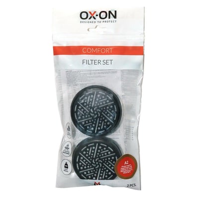 OX-ON Filterset Comfort A2 emballage med 2 stk. A2 gasfiltre til halvmasker, egnet til maling og lak.