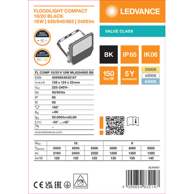 Etiket med tegning og specifikationer for Ledvance Floodlight Compact, sort projektør med multi lumen og justerbar farvetemperatur.
