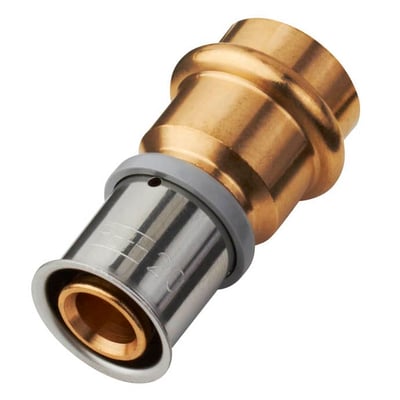 Roth MS-presovergang med muffe af messing, 20 mm til 18 mm, med synlige dimensioner og samlingsdetaljer.