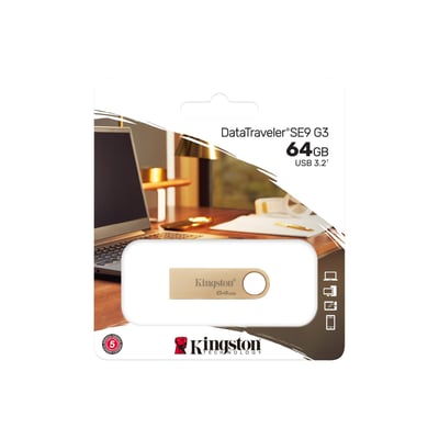 Kingston DataTraveler SE9 G3 64GB USB-stick i guldfarvet metal, præsenteret i sin detaljerede emballage med produktinformation og logo.