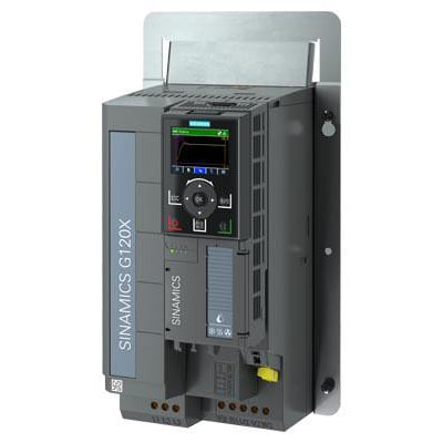 Siemens SINAMICS G120 installationsramme FSC med betjeningspanel og push-klemmer, fremstillet i gråt plast og metal.