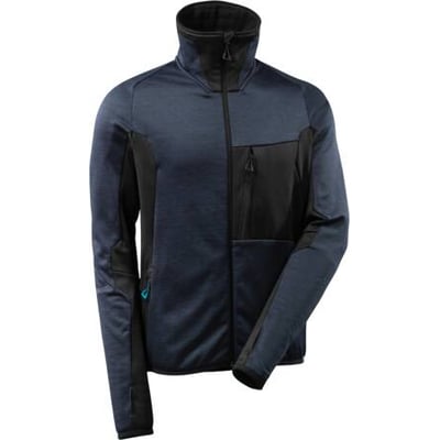 Mascot tofarvet fleecetrøje i mørk marineblå og sort, størrelse XL, med høj krave og lynlåse.