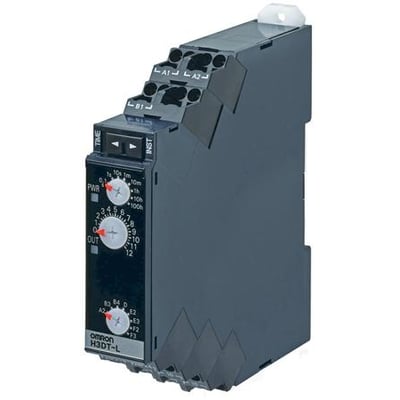 Omron H3DT-L timer til DIN-skinne montage med multifunktion og push-in terminaler, viser justeringsskiver og mærkninger.
