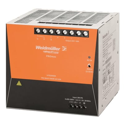 Nærbillede af Weidmüller Pro Max strømforsyningens frontpanel, der viser 24VDC output terminaler og justeringsknap.