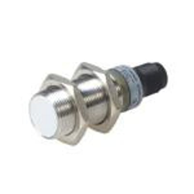 Carlo Gavazzi induktiv M18-Namur-aftaster IA18ESF05UCM1 med gevindhus, lys frontflade og sort kabeltilslutning.